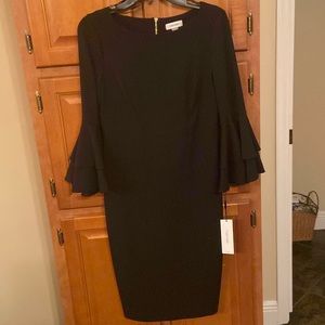 NWT Stunning Calvin Klein black dress w/ruffled sleeve and gold zipper back!
